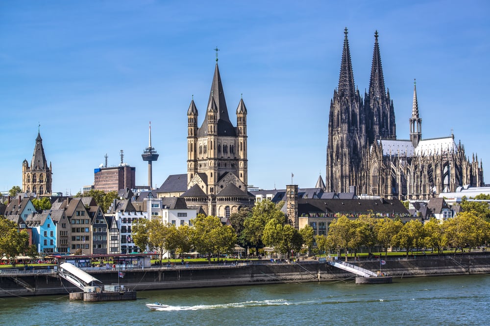 Cologne, Germany aerial view over the Rhine River.